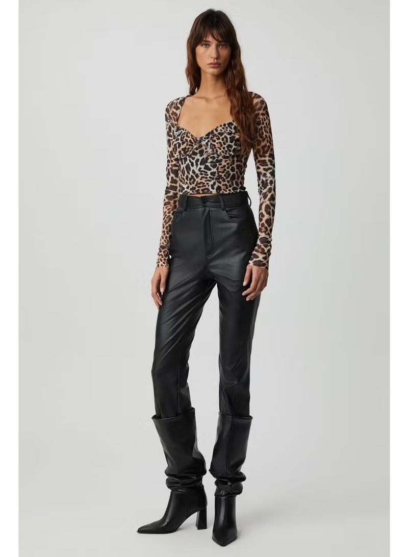 GRIMELANGE Lily Women's Tulle Mesh Double Layered Heart Neck Chest Cup Leopard Patterned Blouse - Image 2